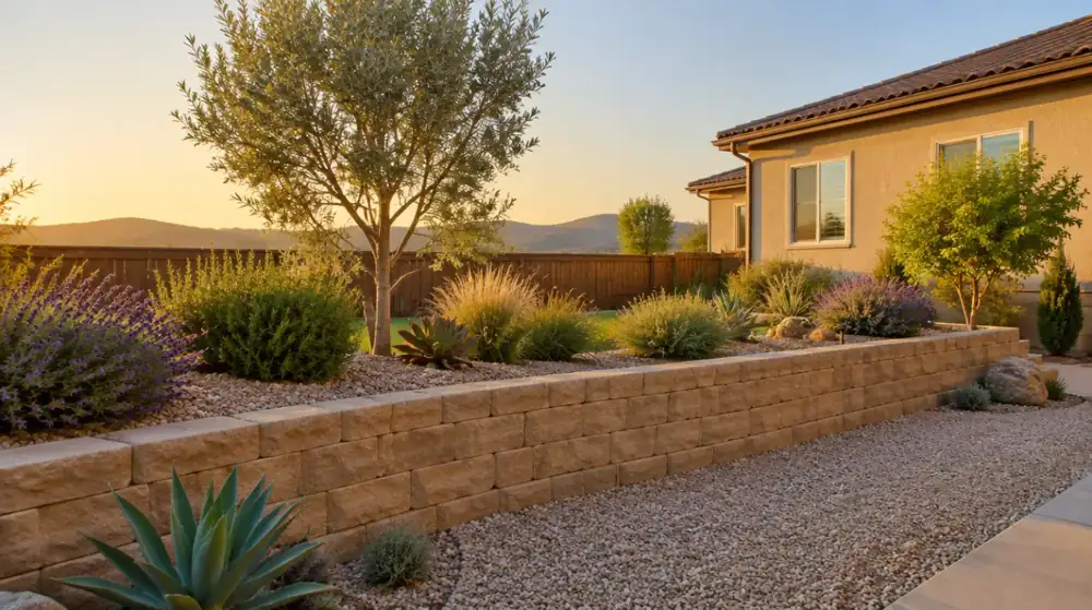AI-generated illustration of a tiered tan block retaining wall in a landscaped California backyard