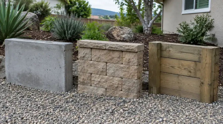 AI-generated illustration of concrete, block and timber retaining wall samples side by side
